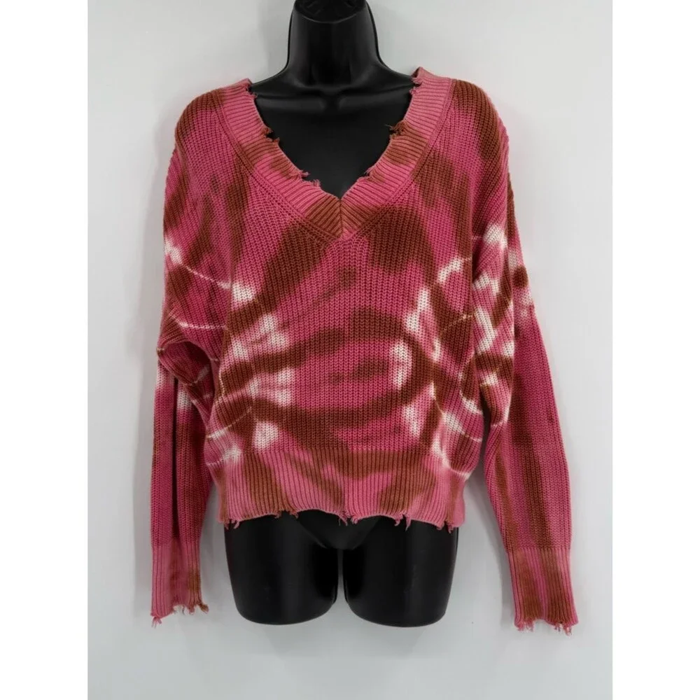 Young Fabulous & Broke Tie Dye Distressed V-Neck Sweater | Pink Multi | Small